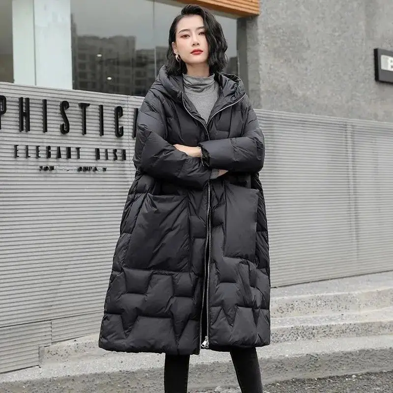 

Woman Winter Fashion Warm Thick Down Coat Jacket Female Oversize Vintage Hooded Long Coats Ladies White Duck G724