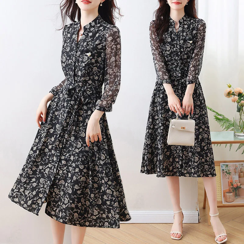 

Women Elegant Fashion Long Sleeved High-end Dresses 2024 Spring Autumn New Luxury Chiffon Floral Skirt Lady Popular Clothes