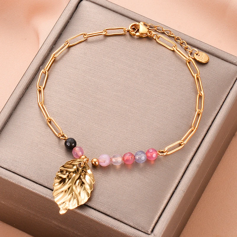 

New Classic Stainless Steel Gold Color Leaf Chain Bracelets Fashion Charm Bracelet For Women Jewelry Party Friends Gifts