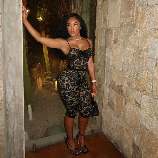 Donna Lace Hollow Out Spaghetti Strap Capri Set 1