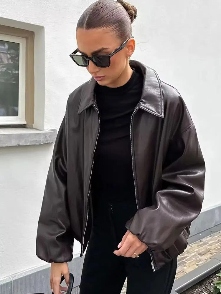 HH Autumn Women Vintage Solid Faux Leather Motorcycle Jacket Long Sleeve Zipper Coat Women Elegant Fashion Streetwear Jackets