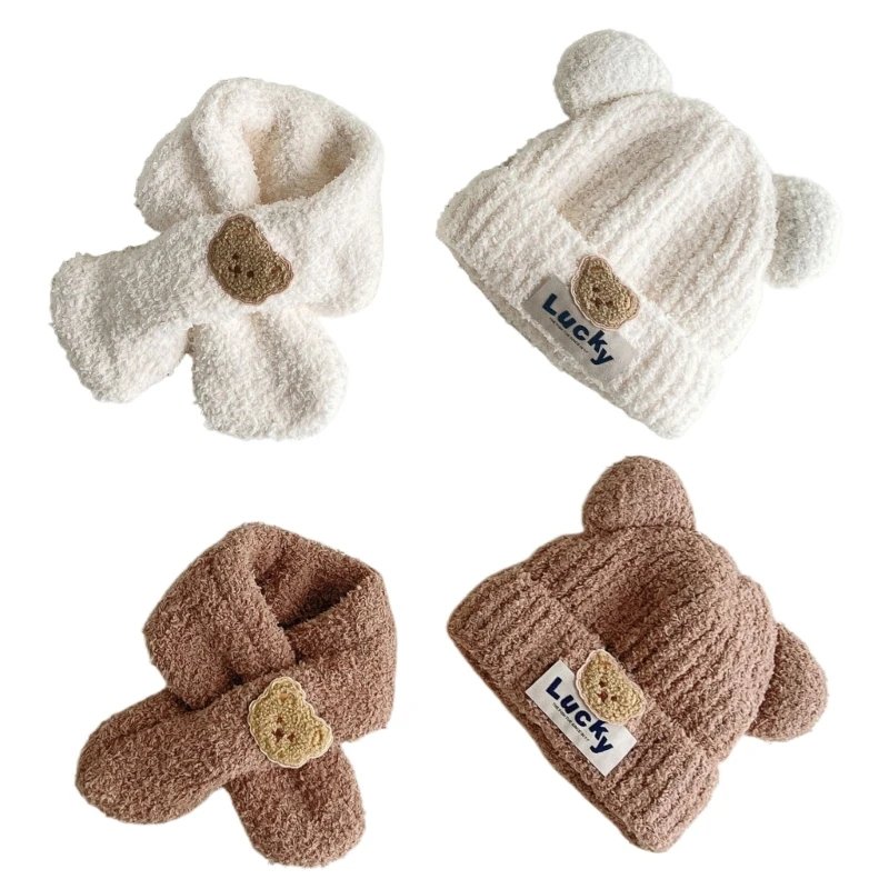 

Toddler Winter Accessories Bear PomPoms Beanie with Scarf Set Knit Cap Scarf set