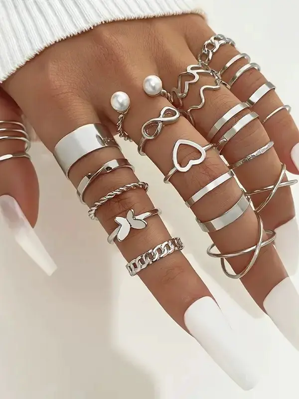28pcs Fashion Ring Set for Women Heart Shaped Design Geometric Bohemian Element Accent Ring Daily Wear Dating Party Jewelry 2025 - Image 8