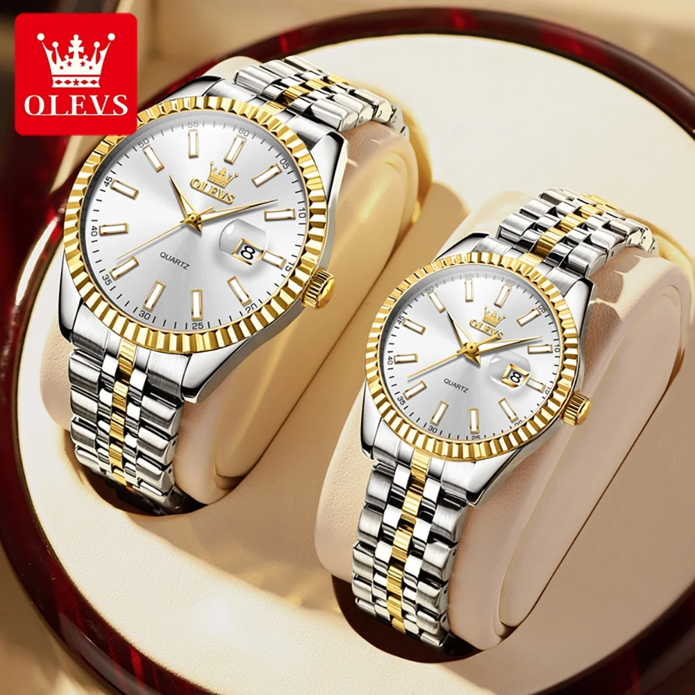 

OLEVS 5593 Couple Watch for Men Women Luxury Brands High Quality Date Waterproof Luminous Stainless steel Tape Lover Watches Set