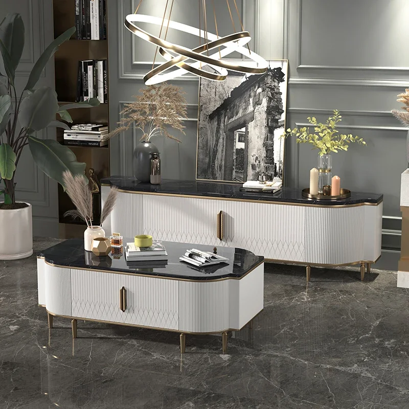 

Light luxury tea table TV cabinet combination marble modern simple Nordic small family living room TV cabinet background wall ca