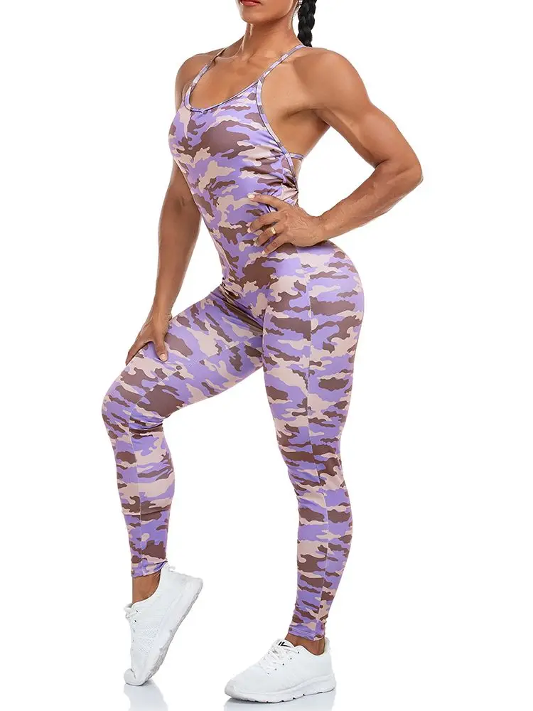 Printed Bodysuit Women Camo Fitness Backless Jumpsuit Sexy Crisscross Rompers Gym Sports Workout Clothes Slim Rompers Sportwear