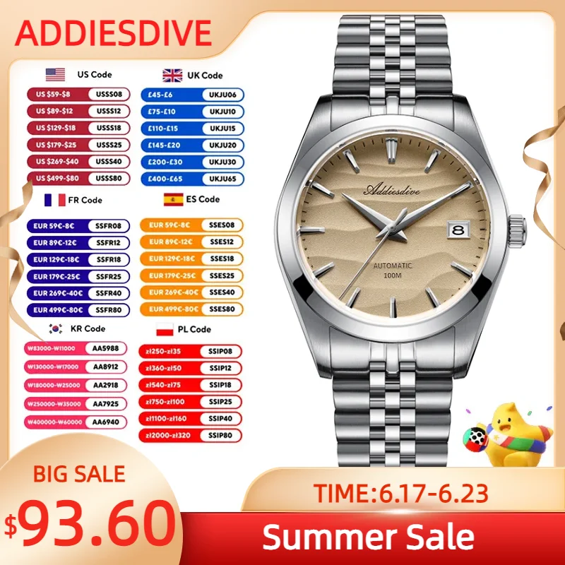 ADDIESDIVE Stainless Steel Diving Men's Sport Automatic Watch 100m Waterproof Mechanical Watches Luxury AD2059 Man reloj hombre