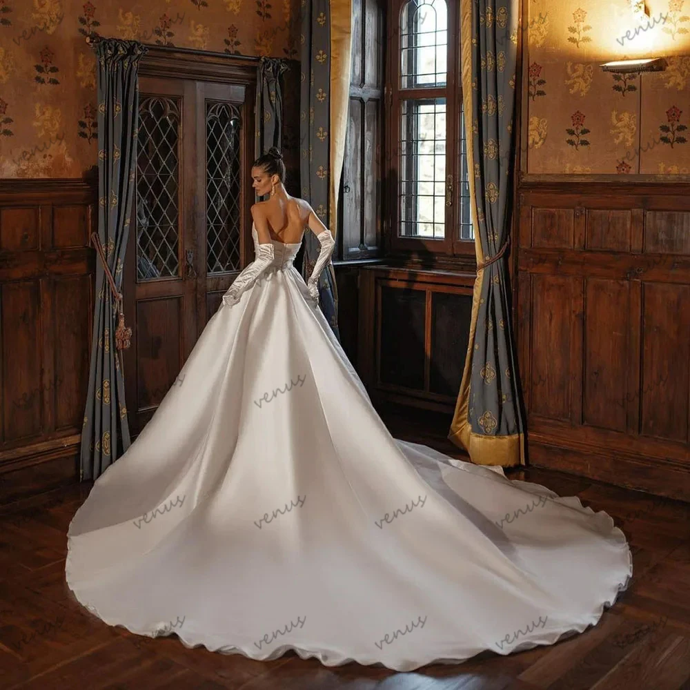 Charming Wedding Dresses A-Line Satin Bridal Gowns Boat Neck Robes Sleeveless Backless For Brides Vestidos De Novia Customized 2