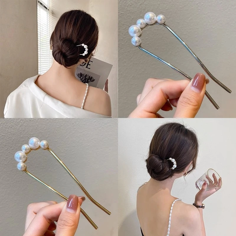 U자형 헤어핀 진주 합금 웨이브 헤어 클립 심플 메탈 바비 핀 바레트 신부 헤어스타일 도구 액세서리 웨딩