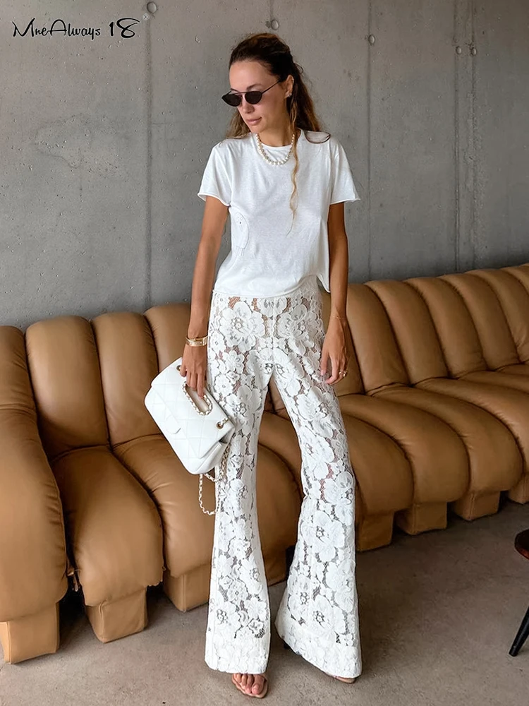 

Mnealways18 сексуальные прозрачные белые расклешенные брюки Лето 2024 женские длинные брюки для отпуска с высокой талией кружевные пляжные женские брюки