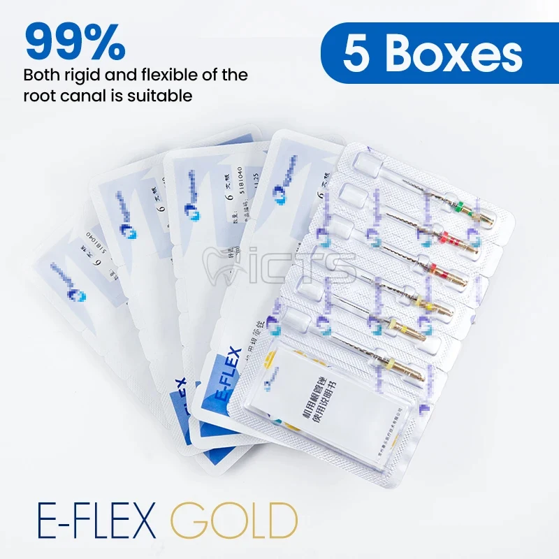 

E-FLEX GOLD 5 pack Variable Pitch NiTi Files Safety Non-cutting Tip & Effective Root Canal Preparation Instruments Curved Canals