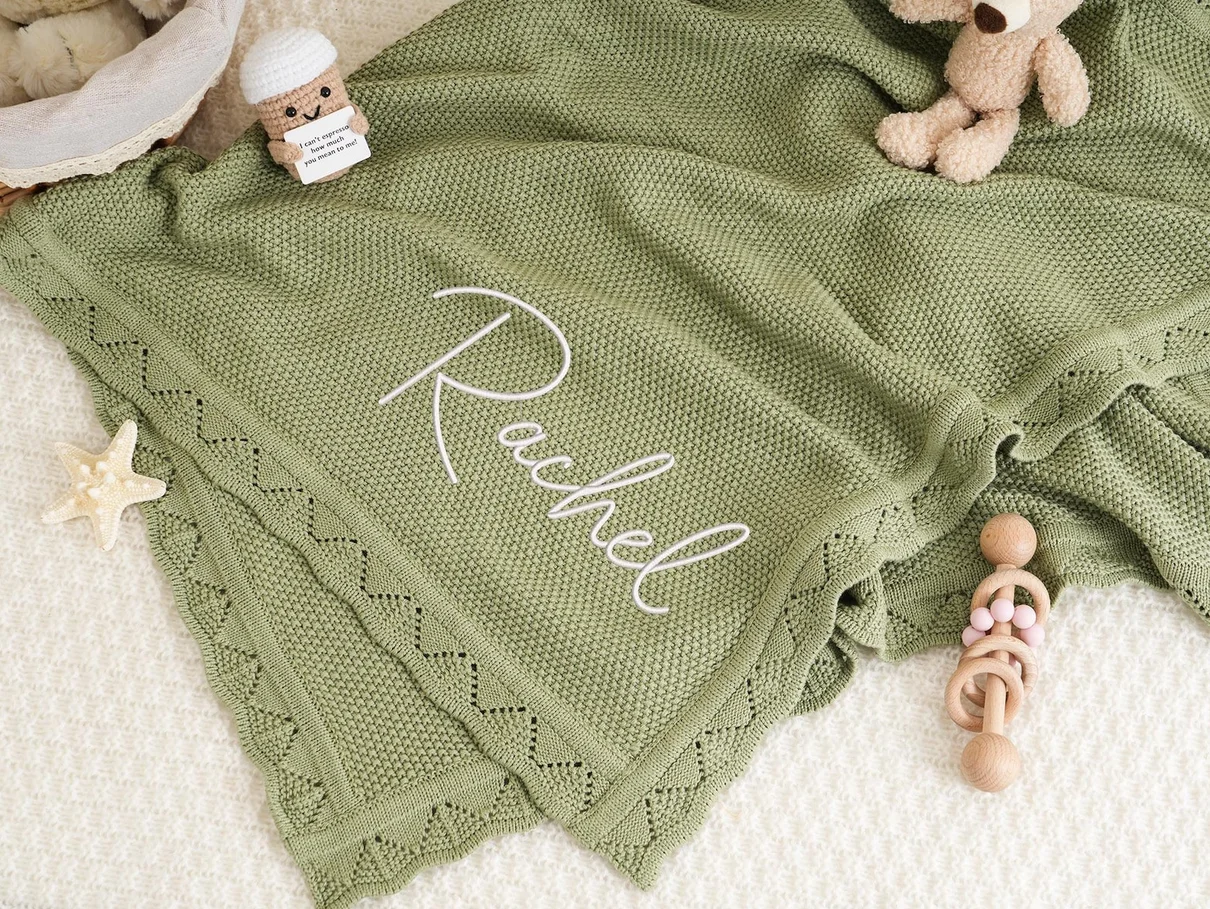 Personalized Knitted Blanket for Baby Boy Or Girl Soft Breathable Embroidered Name Blanket Baby Shower Stroller Birthday Gift 4