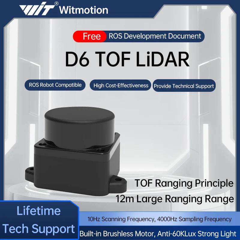 Módulo de sensor lidar láser dTOF WitMotion, resistencia a la luz exterior 60Klx, 5000Hz, 12m, 360 ° Soporte de escaneo ROS1 ROS2 Arduino