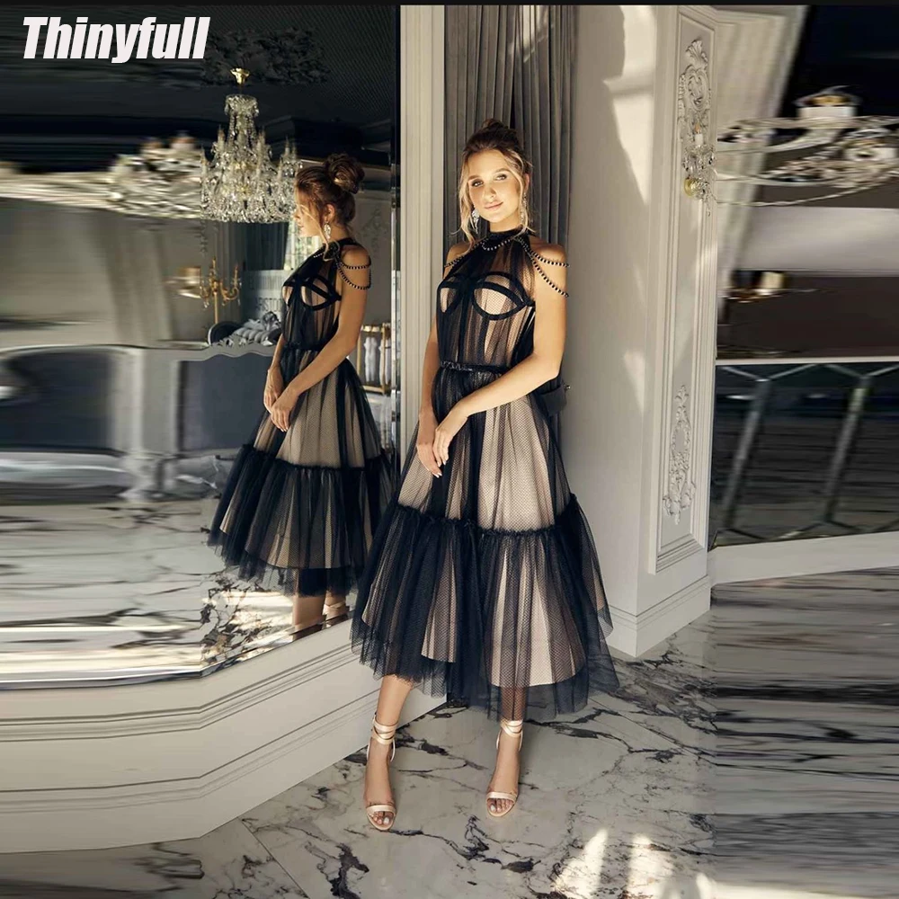 

Thinyfull A-line Sleeveless Prom Dress Tea-length Beading Girl Birthday Party Evening Dresses Tulle 2024 Formal Occasion Gown