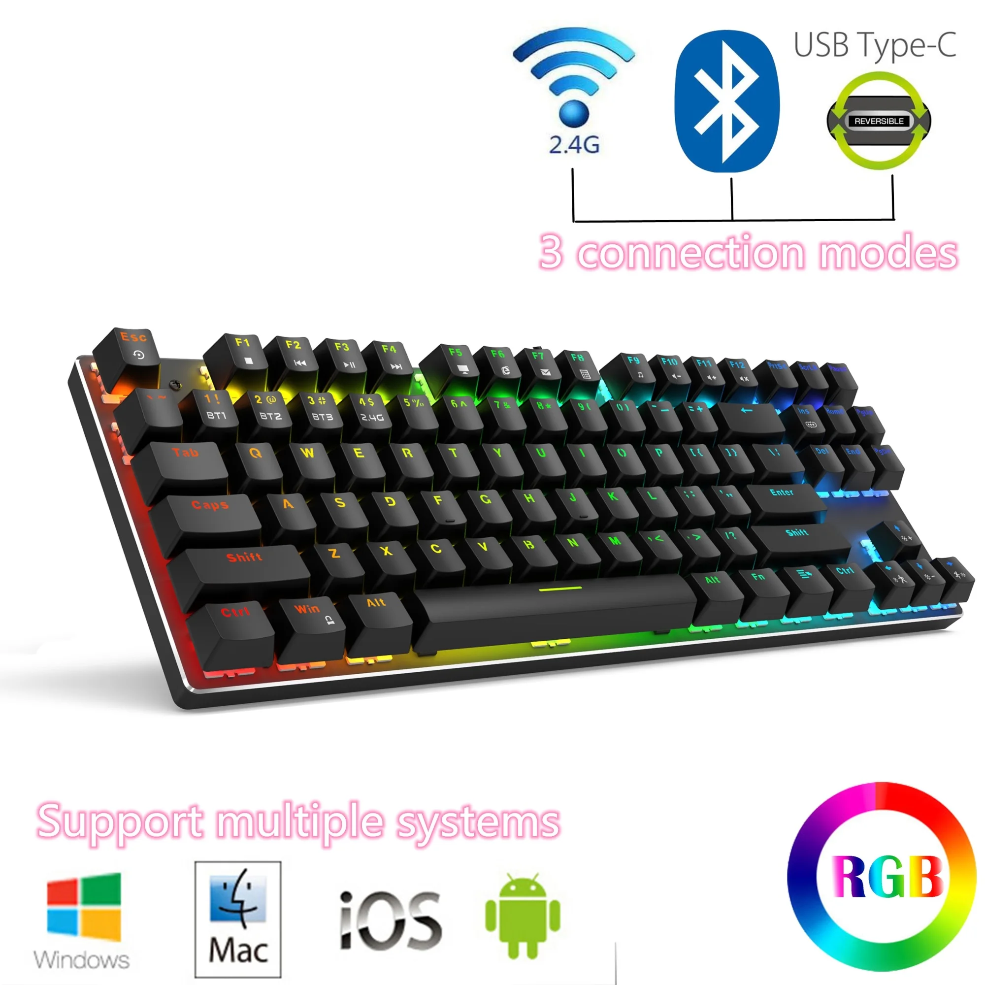 

New Editio Wired/Wireless Bluetooth5.0 3.0 2.4G Gaming Mechanical Keyboard RGB Backlight 87Key for iOS Mac Android Windows