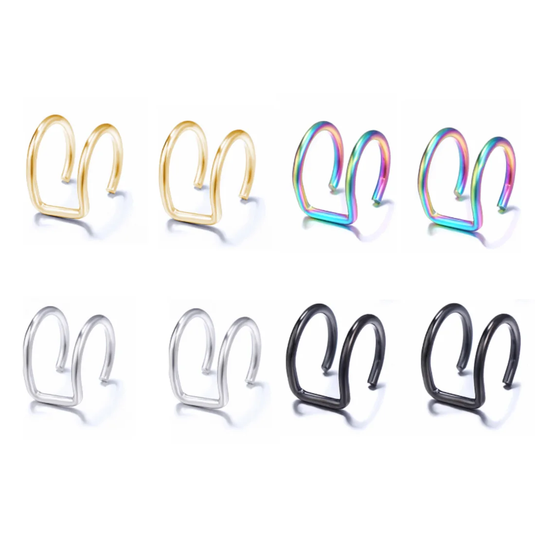 2pcs Stainless Steel Clip Earrings 2-Row Fake Cartilage Ear Nose Lip Cuff Clip On Earrings Gift