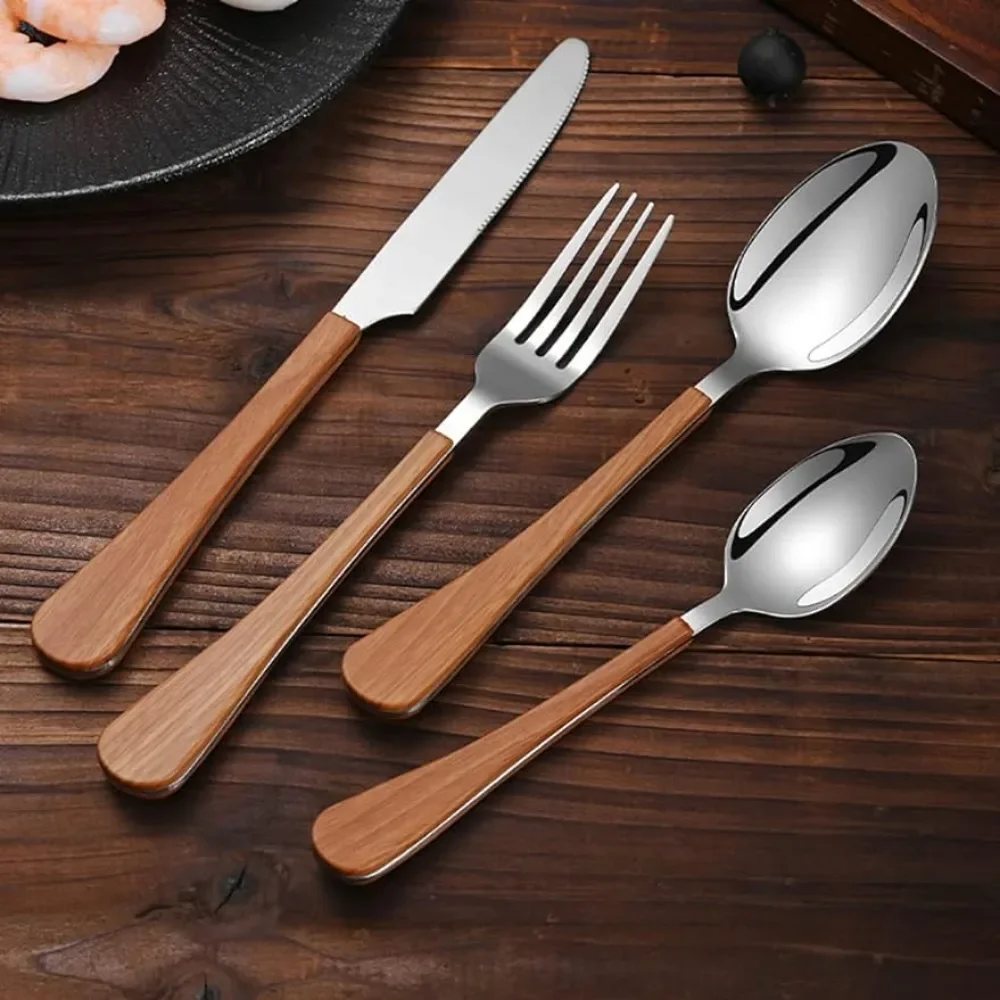 

Wood Silverware Set for 8 Flatware Sets Stainless Steel Grain Handle Cutlery 32Piece Tableware Kitchen Restaurant Wedding Mirror
