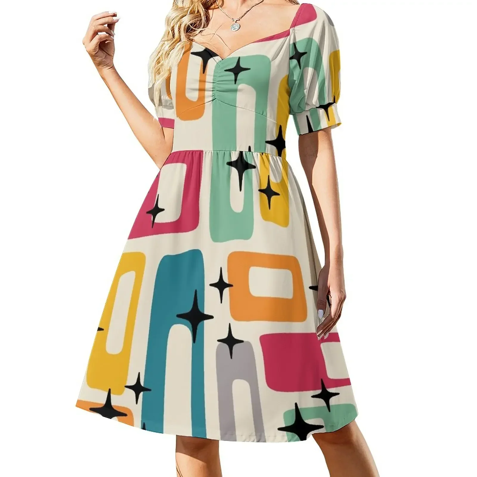 thumbnail image 1 of Vestido de manga corta con estampado abstracto moderno de mediados de siglo 154, vestido de cumpleaños, vestidos de mujer, vestido de mujer, 1 of 7