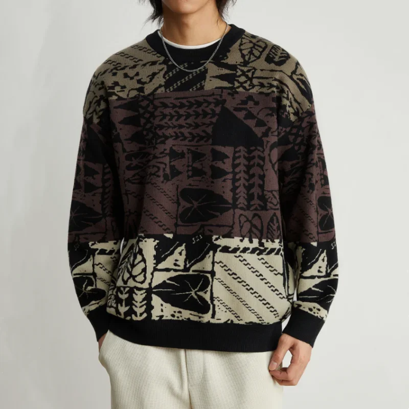 

Men Y2K Lazy Style O-Neck Knitted Sweater New Arrival Winter High Street Vintage Jacquard Pullovers 니트 свитер Ropa Hombre