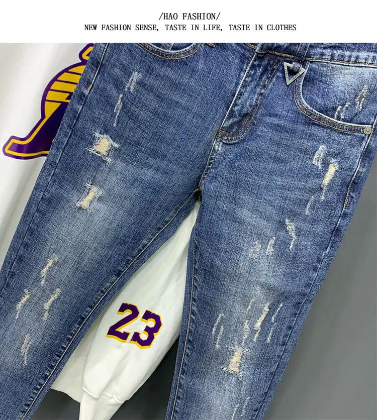 New Korean Trendy Men's Distressed Denim Casual Pencil Pants Spring and Autumn Blue Jeans Washed Luxury Cowboy Streetwear Pants