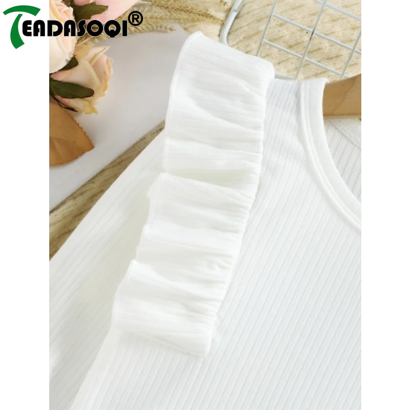 4-7Y bambini ragazze abbigliamento vestito tinta unita manica lunga volant top + gonna scozzese con cintura + borsa bambini ragazza Costume 3 pezzi Set - immagine 4