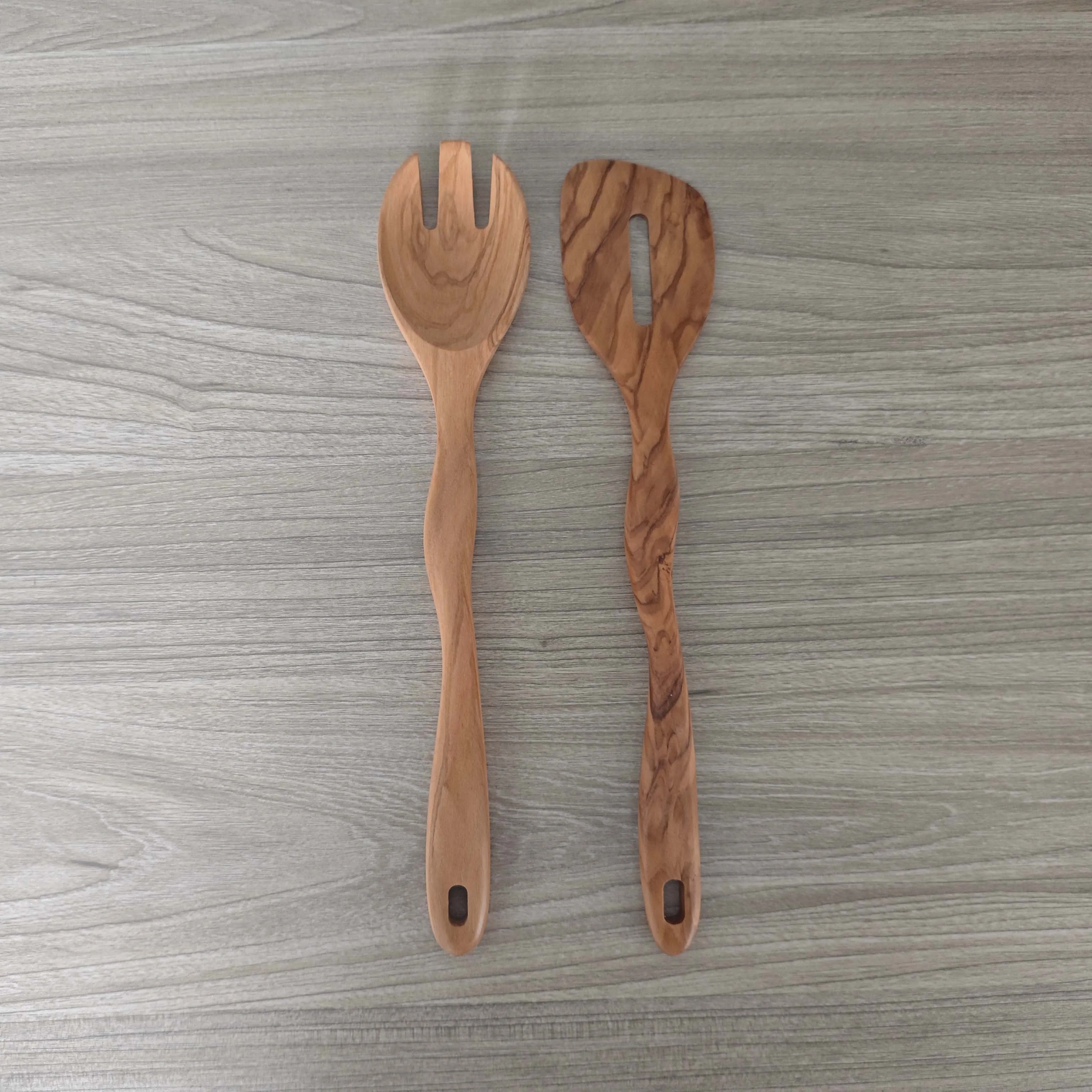 Wooden Kitchenware Set Spatula Noodle Scoop and Strainer Olive Wood Curved Handle Kitchen Shovel Spoon Six Piece Set IK