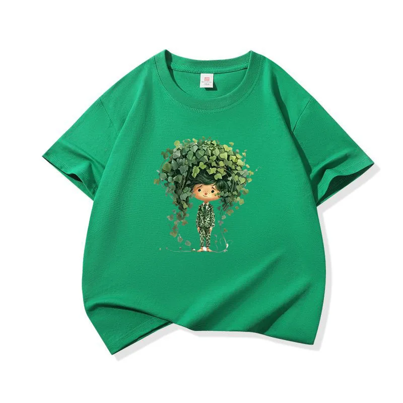 키즈 코튼 티셔츠 그린 아이비 보이 프린트 크루넥 반팔 티셔츠 캐주얼 통기성 남아 여아 여름 상의