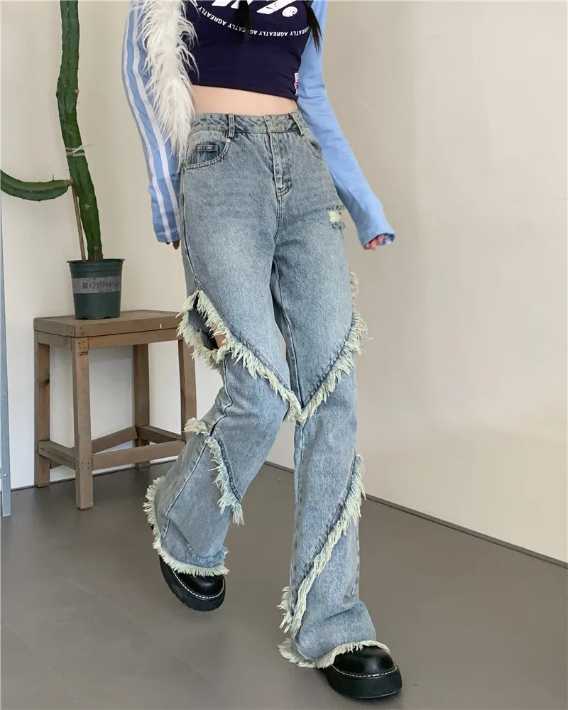 

Women Burr Patchwork Jeans Spring High Waist Hollow Out Denim Flare Pants Korean Vintage Jean Pant Street Trousers Female 7036