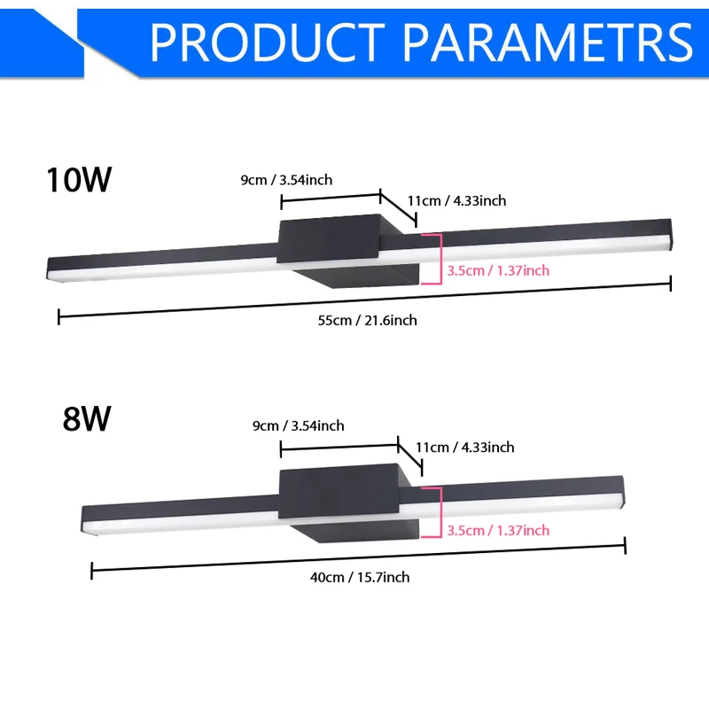 Светодиодная настенная лампа для ванной комнаты, зеркальные настенные светильники 40 см, 55 см, 85 - 265 В переменного тока, черные и белые