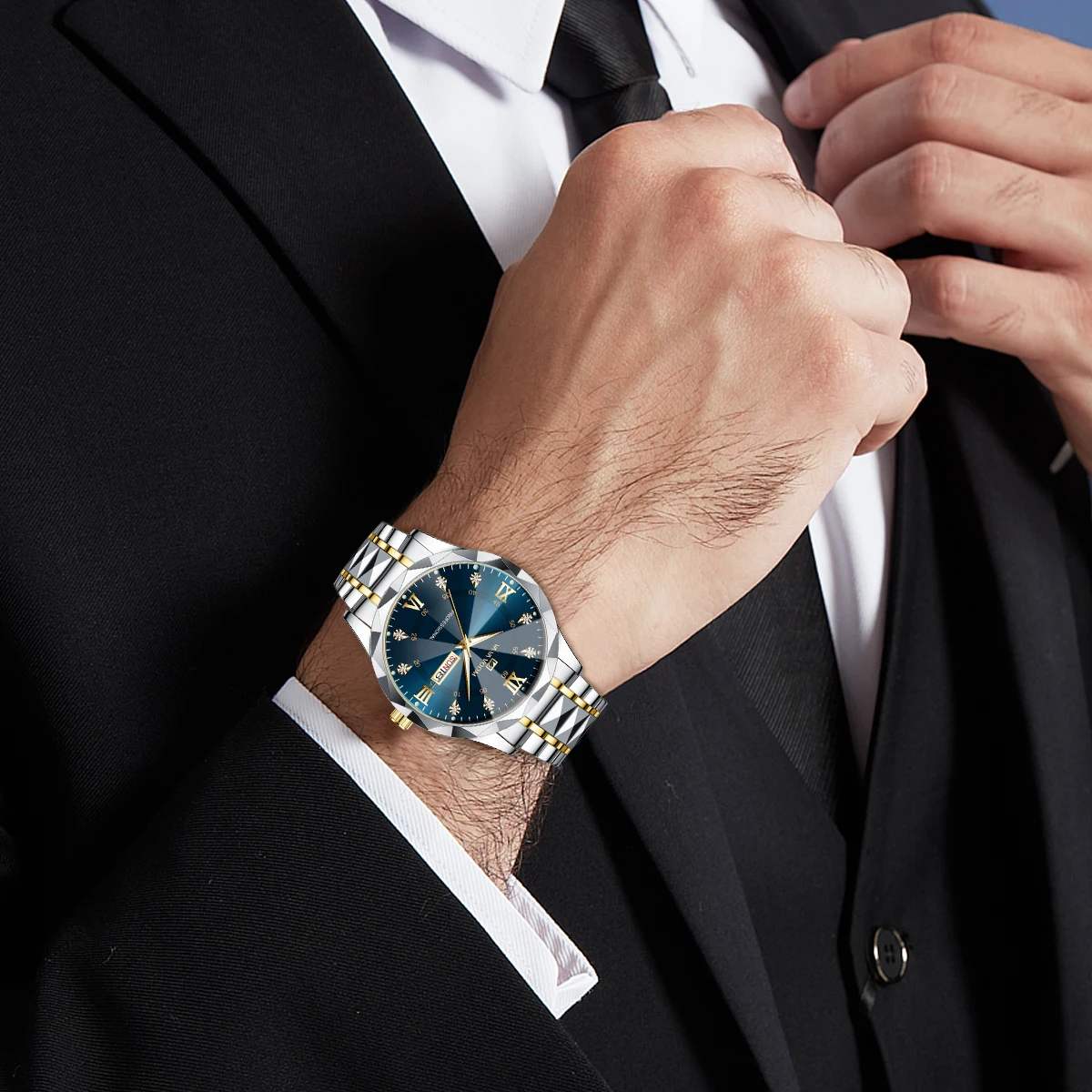 Men Watch Water Diamond Luxury Night Glow Double Calendar Quartz Movement 41mm Blue Gold Stainless Steel Fashion Business Watch 4