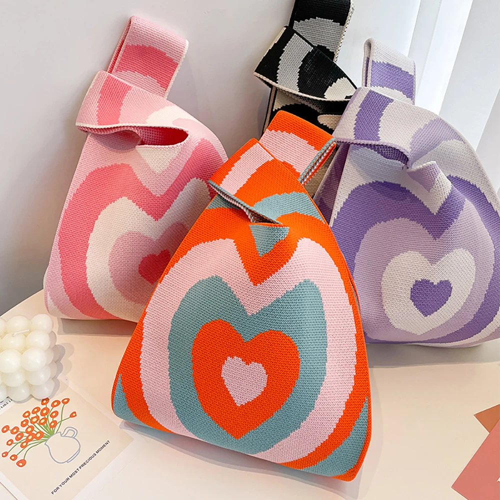 

Handmade Knit Handbag Women Mini Knot Wrist-bag Female Casual Color Wide Stripe Plaid Tote Bag Student Reusable Shopping Bag