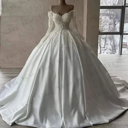 Gorgeous Princess Wedding Dresses Long sleeved Sexy Off the Shoulder Vintage Women's Beaded Bridal Gowns A-Line Satin Fold Robe