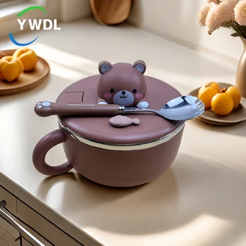 뚜껑과 스푼 달린 동물 라멘 그릇, 스테인리스 스틸 인스턴트 국수, 과일 샐러드, 밥, 수프, 도시락, 주방 액세서리, 1.2L 상품 이미지