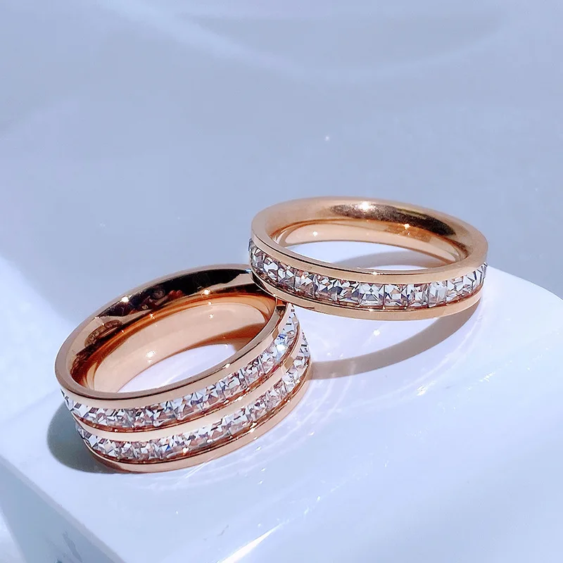 Zircon Rings Rose Gold Double Row Square Stainless Steel for Women Romantic Engagement Wedding Party Jewelry