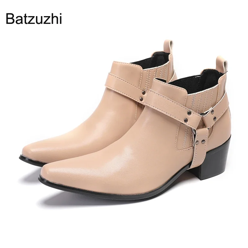 

Batzuzhi High Heels 6.5cm Cowboy Men's Boots Pointed Toe Leather Ankle Boots for Men Business/Party, Big Size 37-46