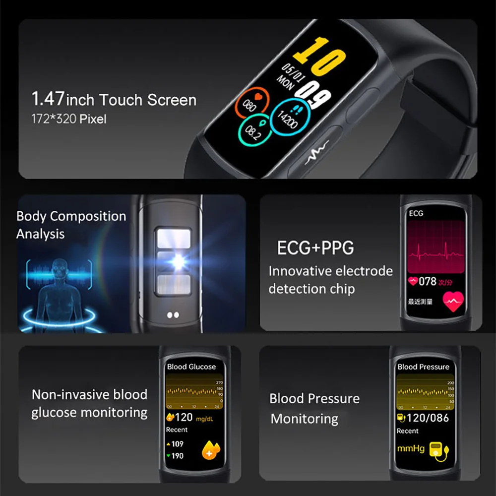H8 Smart Wristband Non-Invasive Blood Glucose Blood Pressure Electrocardiogram Heart rate Multifunctional Bluetooth Watch
