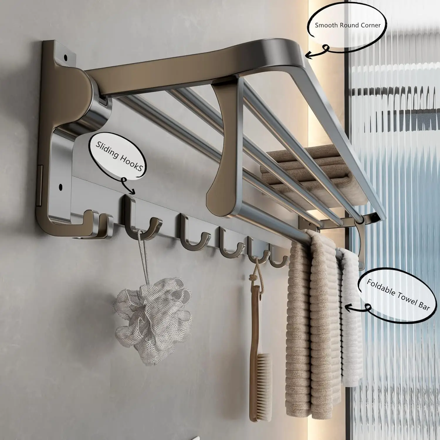 Bathroom Towel Rack with Towel Bar andHooks 23.6 inFoldable Shelf Wall Mounted Lavatory Organizer Modern Gray Finish