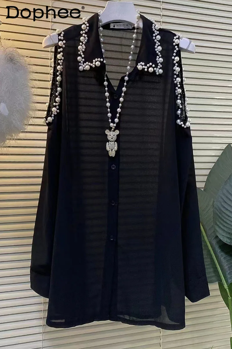 Mid-Length Long Sleeve Beaded Off-Shoulder Black Chiffon Blouse Women Summer New Clothes Large Size Loose Oversized Shirt Dress