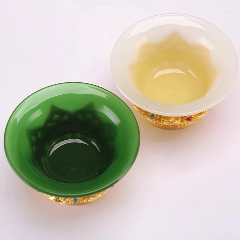 Golden Tibetan Ghee Bowl Zinc Alloy Tantric Holy Water Cup 8.5 cm Engraved Buddhist Green Stone Bowl Gift Desktop Decorative 5