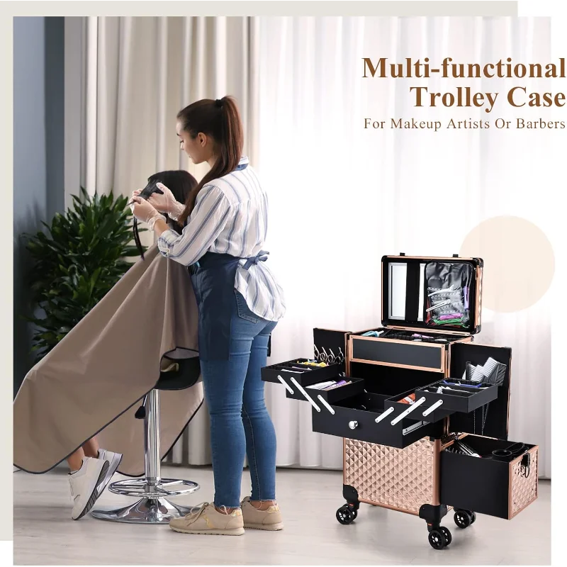 

Adazzo Professional Makeup Artist Rolling Train Case Multi-functional Cosmetic Train Case Large Hairstylist Rose Gold