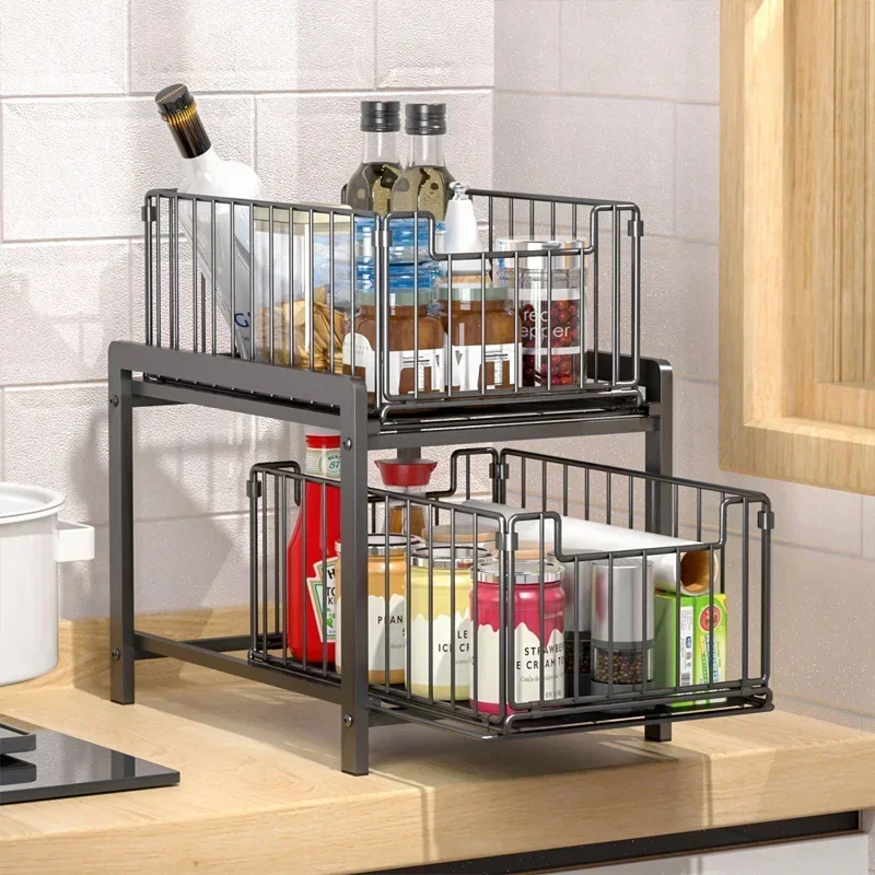 Under Sink Shelf Cabinet Organizer  2-Layer Removable Pull-Out Kitchen Under Sink Organizer Storage Rack with Drawers 2