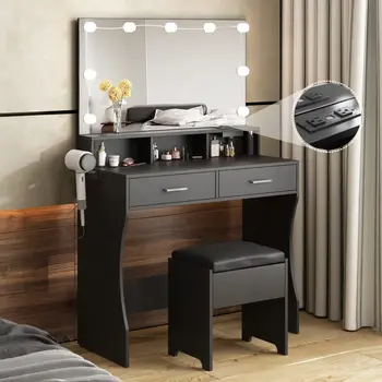 Vanity Desk with LED Mirror & Power Outlet, 2-Drawer Makeup Table Set with Chair 1