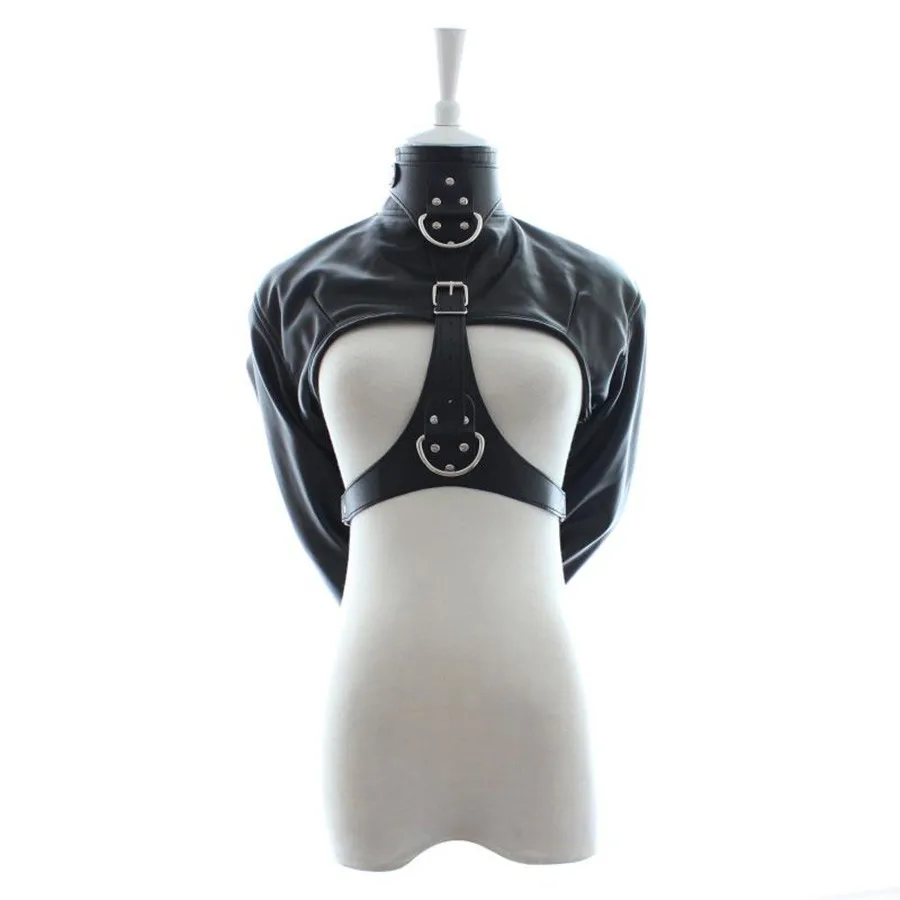 der Top da donna con camicia di forza senza coppe, in pelle contenitiva sexy, bondage schiavo BDSM_voghion.com