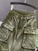 DEAT Women's Jeans High Waist Green Brown Multiple Pockets Cargo Straight Wide Leg Denim Pants 2025 Summer New Fashion 29L3955 3