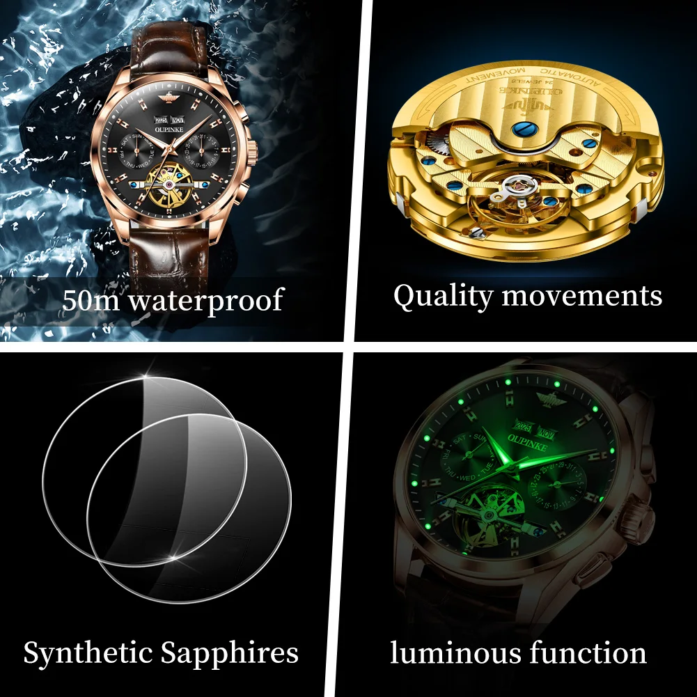 OUPINKE 3291 Man Watch Hollow Skeleton Mechanical Watch For Men Synthetic Sapphire Mirror Waterproof Date Automatic Wristwatch