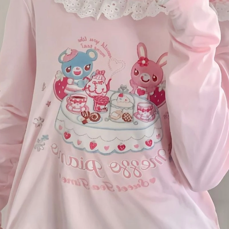 Japanese Girls Cartoon Printing Halter T-shirt Harajuku Grunge Kawaii Cute Loose Tees Women Y2k Aesthetic Lace Patchwork Tops 6