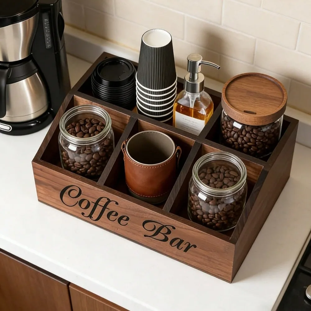 Wooden coffee corner organizer with 5 compartments, rustic tabletop storage box for coffee capsules, cups, and spoons, kitchen dec...