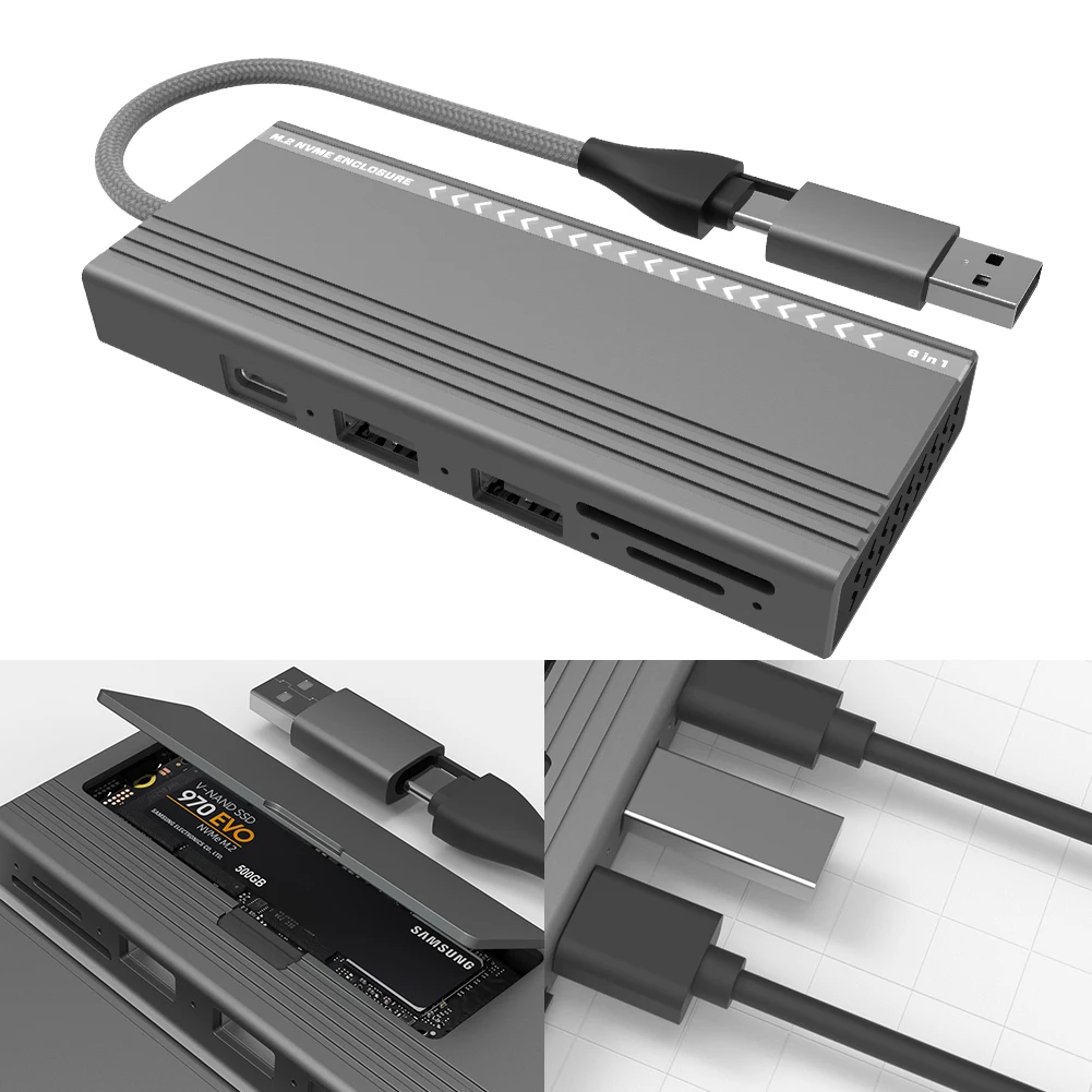 M.2 NVMe SATA 하드 드라이브 케이스, USB C 타입 허브, 10Gbps 솔리드 스테이트 드라이브, 2 USB 2.0 포트, SD, TF 카드 슬롯, 5 in 1, PD100W