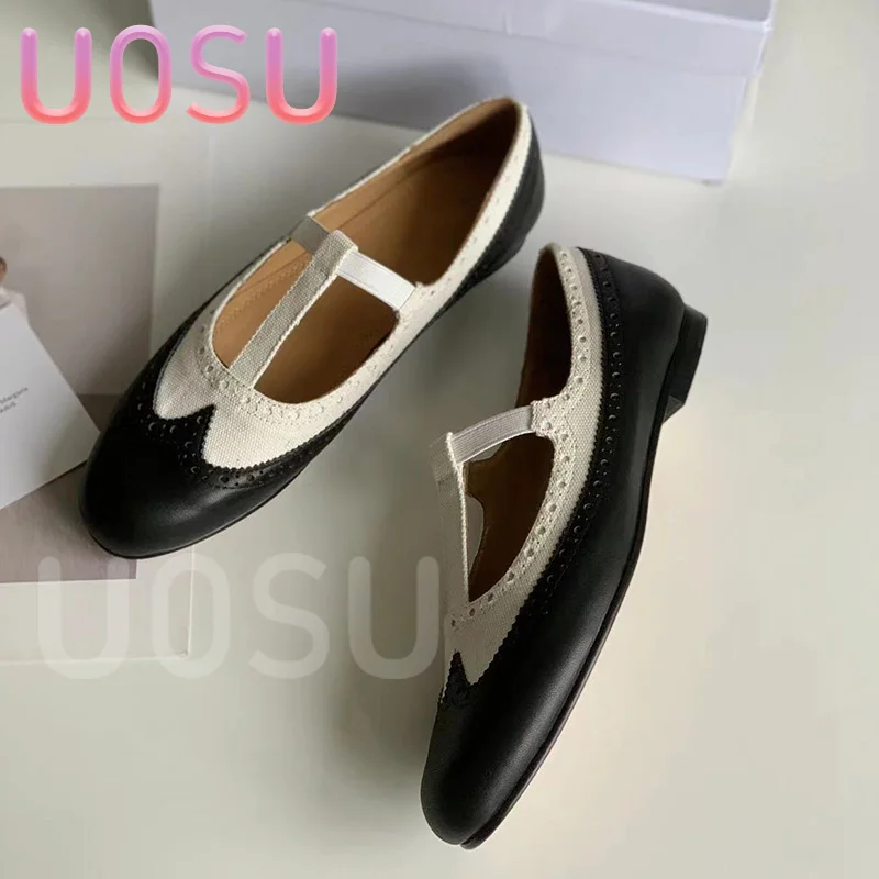 Luxury Women's Flats Designer Mary Jane Ladies Shoes Calfskin Colorblocking Round Toe Commuter Shoes Corporate White Collar
