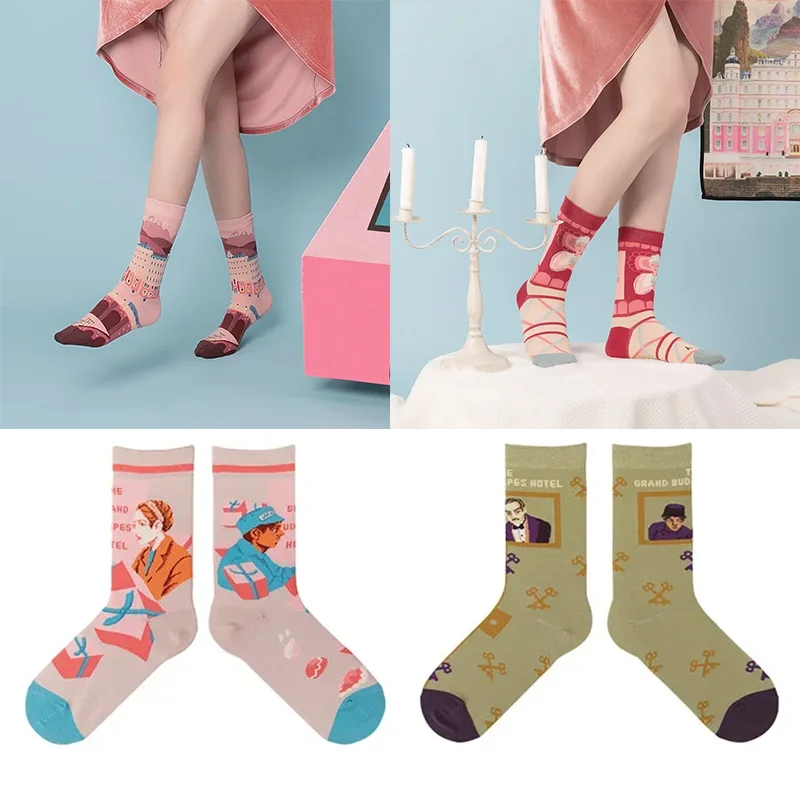 2024 Grand Budapest Hotel Series Ins Original Trendy Socks In Stock Tube Cotton Socks Jacquard Socks